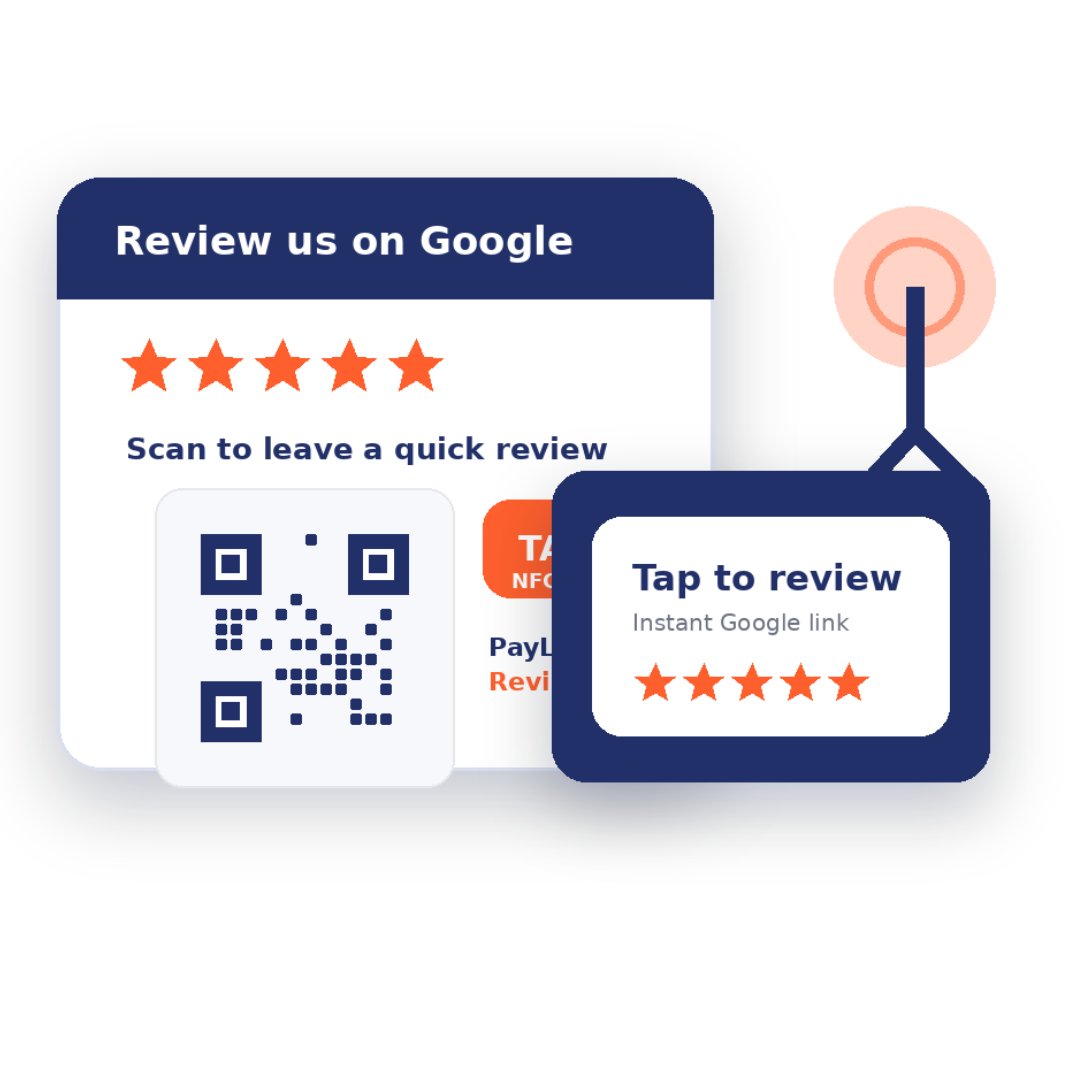 PayLynx QR code review card with Tap to Review NFC sticker showing instant Google review link