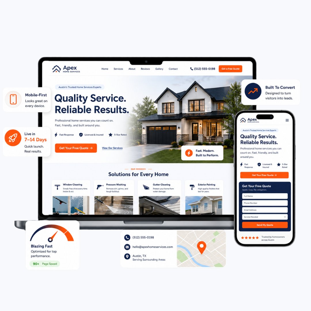 Apex Home Services website shown on laptop and mobile with Built To Convert, Mobile-First, Live in 7-14 Days, and Blazing Fast page speed callouts